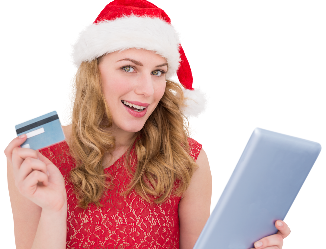 Festive Blonde Woman Shopping Online with Credit Card and Tablet - Download Free Stock Images Pikwizard.com