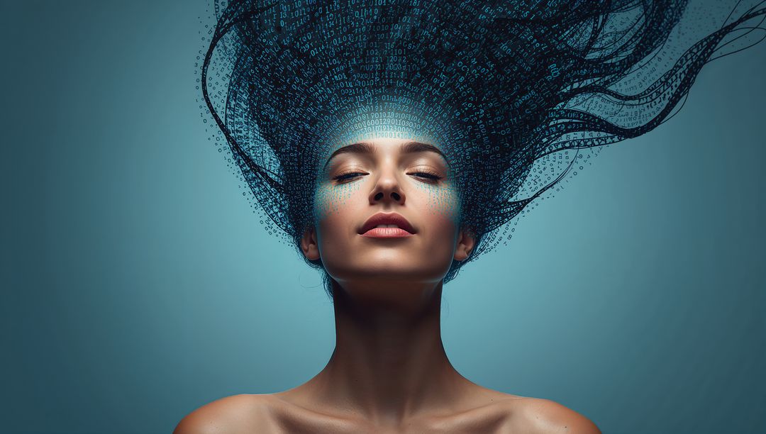 Bare-Shouldered Woman with Flowing Binary Hair Conveying Calm Futuristic AI Mind