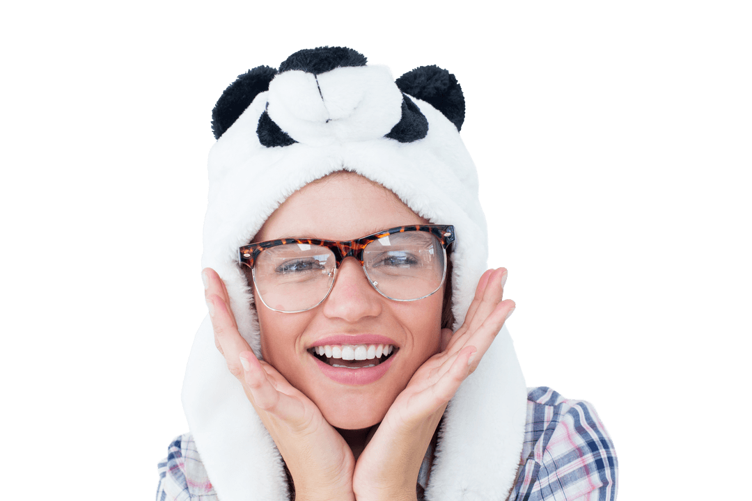 Transparent Smiling Woman in Panda Hat with Glasses