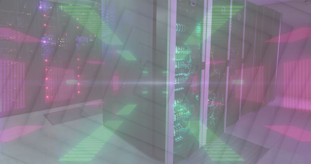Neon Lights Shimmering in Modern Data Center Server Room