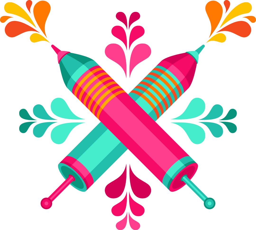 Colorful Crossed Water Pistols with Abstract Droplets on Transparent Background