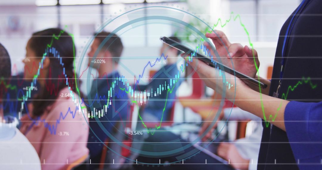 Presenter in Business Meeting with Financial Charts Displayed