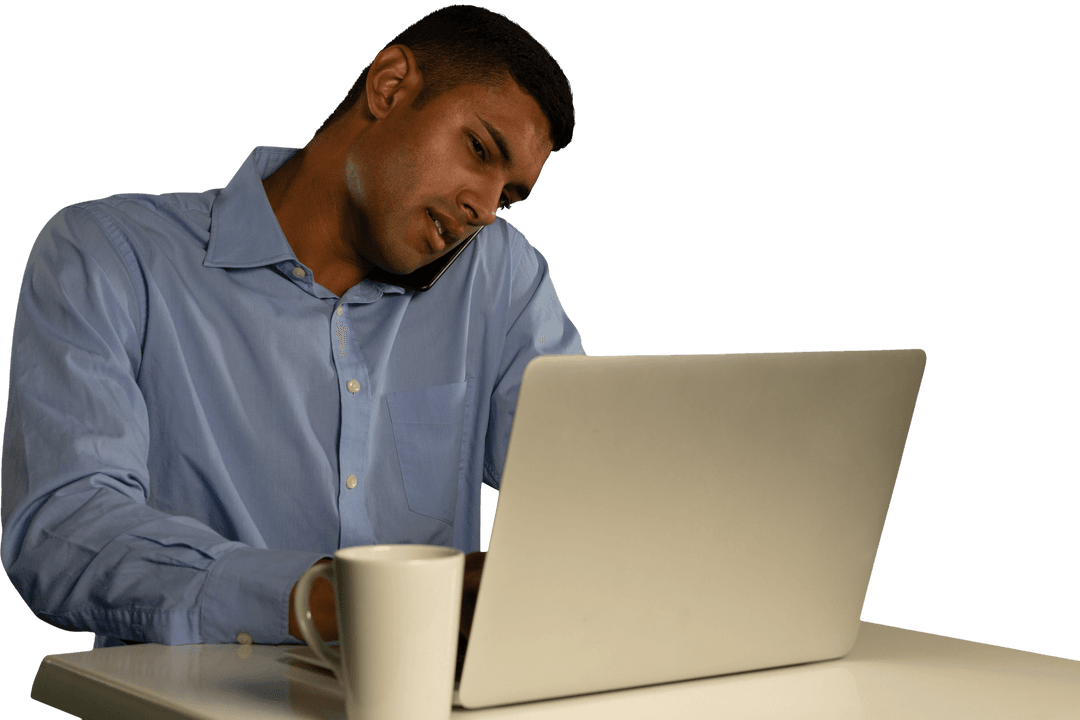 Transparent Efficient Businessman Managing Laptop and Smartphone
