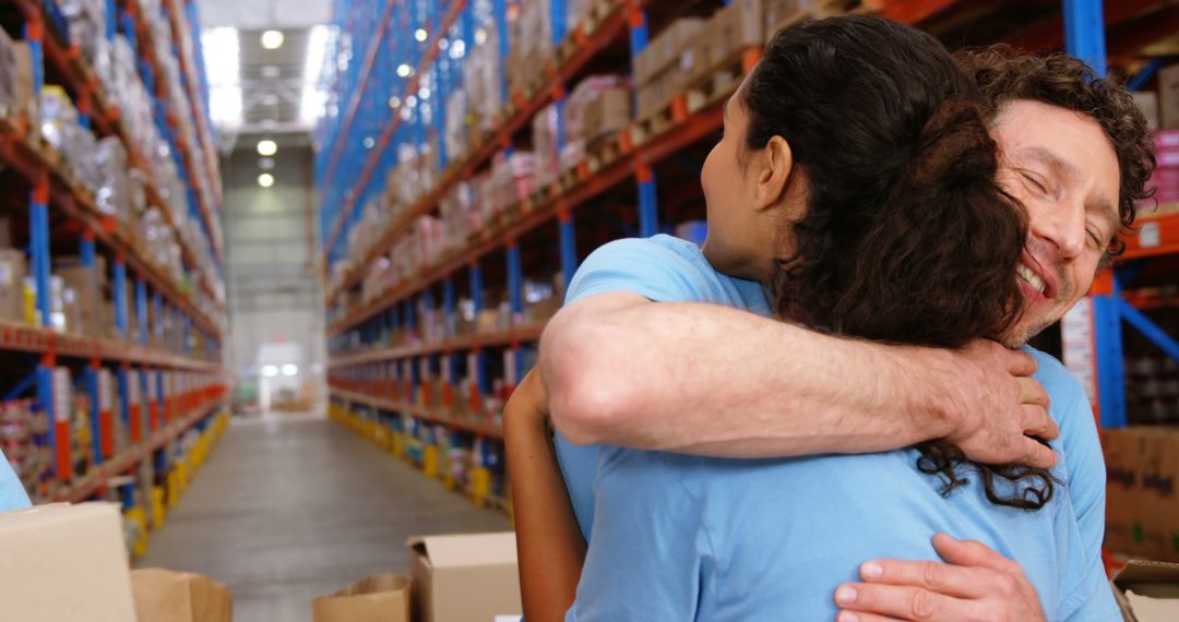 Warehouse workers hugging celebrating achievement - Free Images, Stock Photos and Pictures on Pikwizard.com