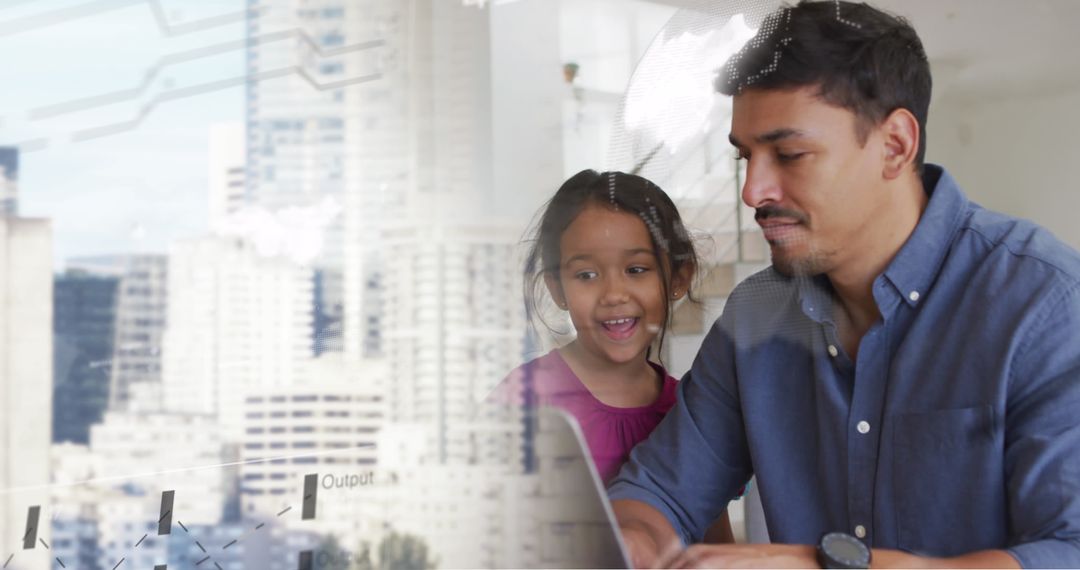 Father and Daughter Embracing Technology Amidst Urban Life