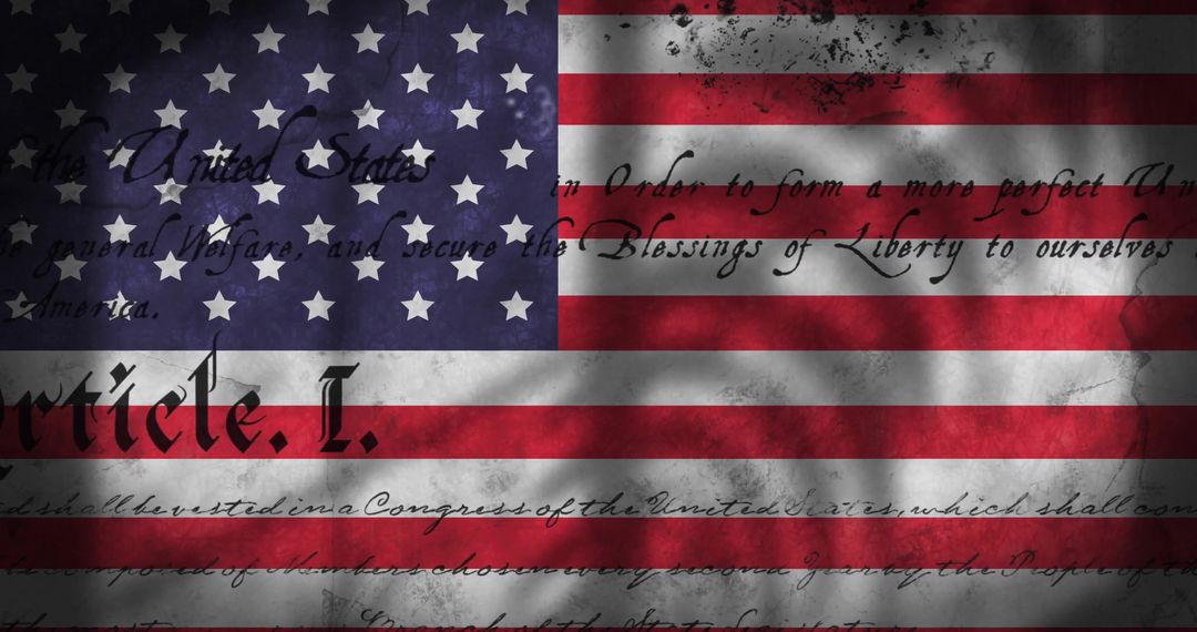 Vintage American Flag with Constitutional Text and Shadows