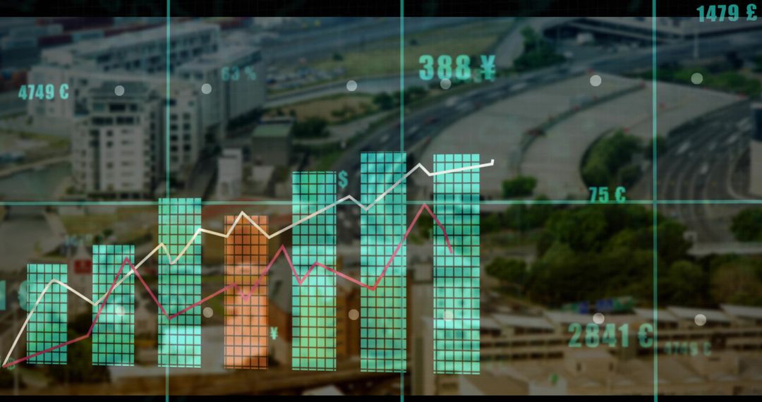 3D Financial Charts Overlay on Urban Landscape for Data Infographics