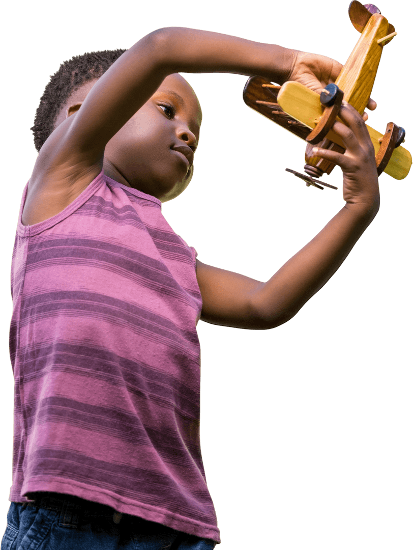 Joyful Child Playing with Wooden Airplane Isolated Transparent