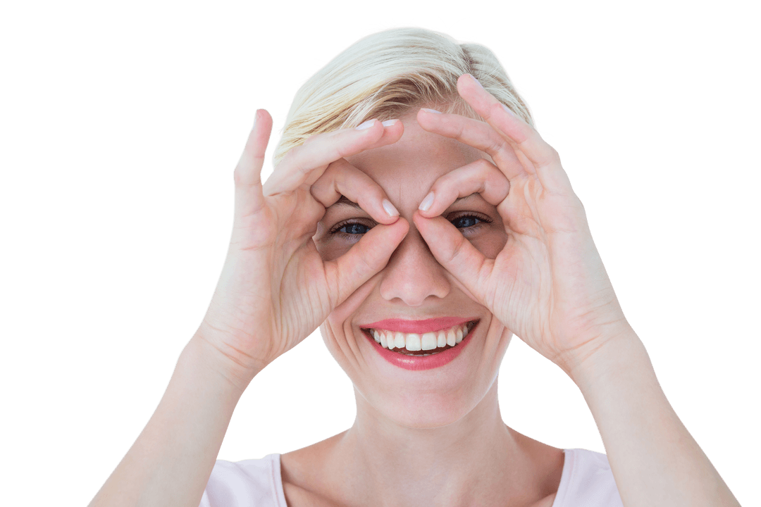 Smiling Blonde Woman Making Playful Gesture On Transparent Background