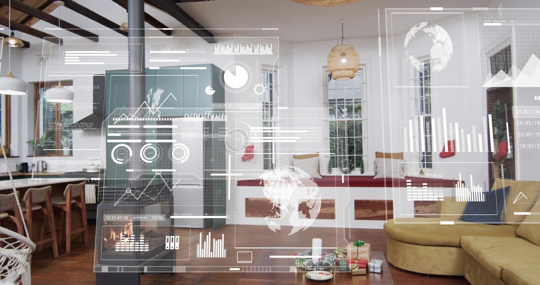 Futuristic Financial Data Overlay in Modern Restaurant Interior
