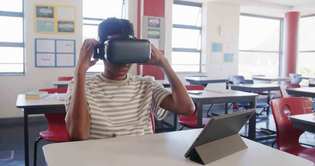 Teen Using Virtual Reality Headset in Modern Classroom