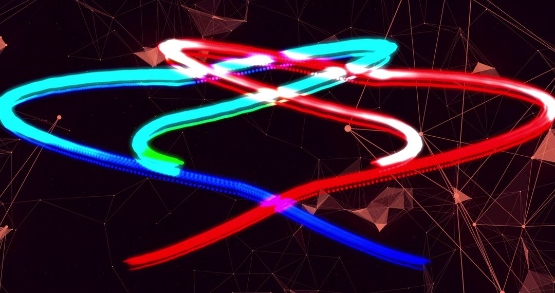 Glowing Neon Ribbons Weaving Through Digital Network with Golden Wireframe Nodes, Triangular Mesh