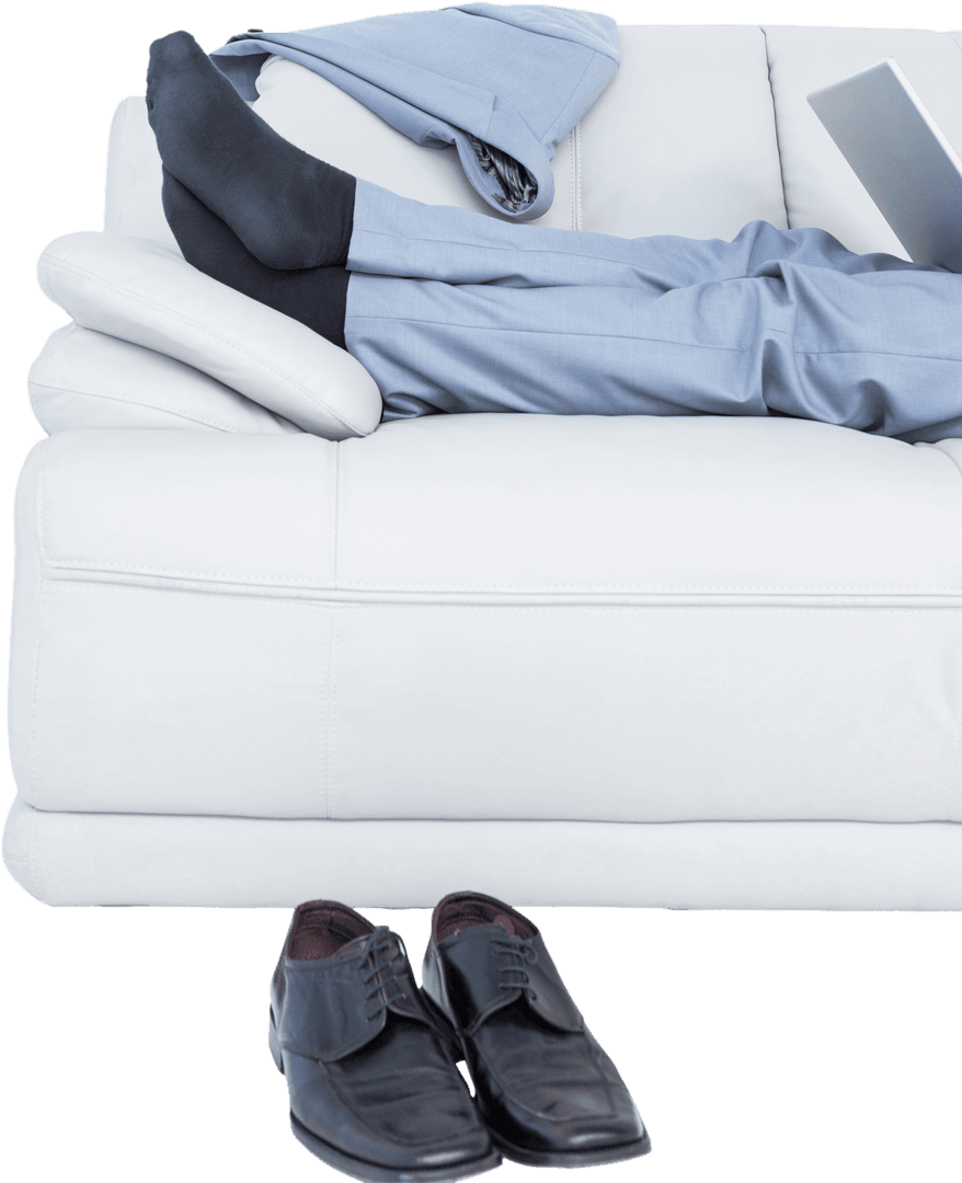 Unwinding Businessman Lying on Sofa with Laptop on Transparent Background