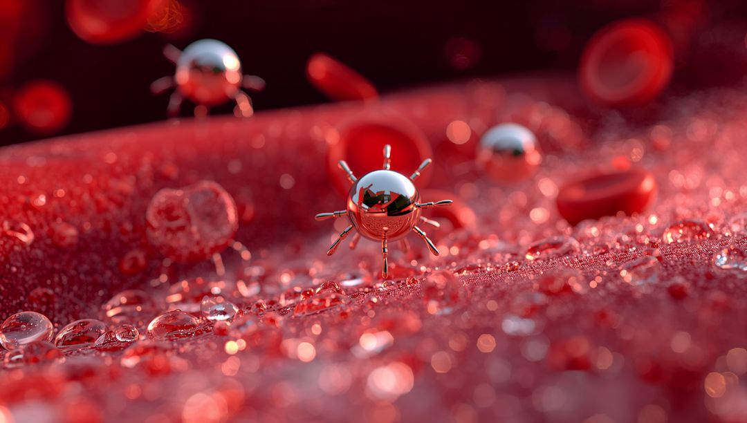 Futuristic Metallic Microorganism Zoom on Red Surface in Laboratory