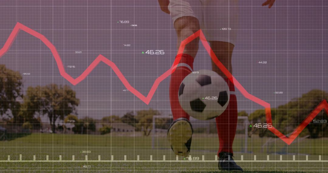 Soccer Player Kicking Ball with Analytics Overlay Showing Performance Trend, Match Metrics
