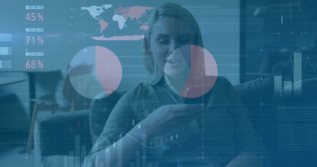 Businesswoman Utilizing Smartphone With Overlay of Financial Graphs and Data