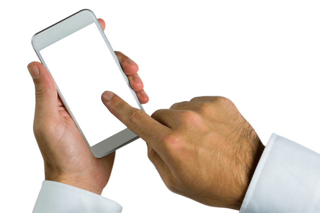 Caucasian Hands Using Smartphone on Transparent Background