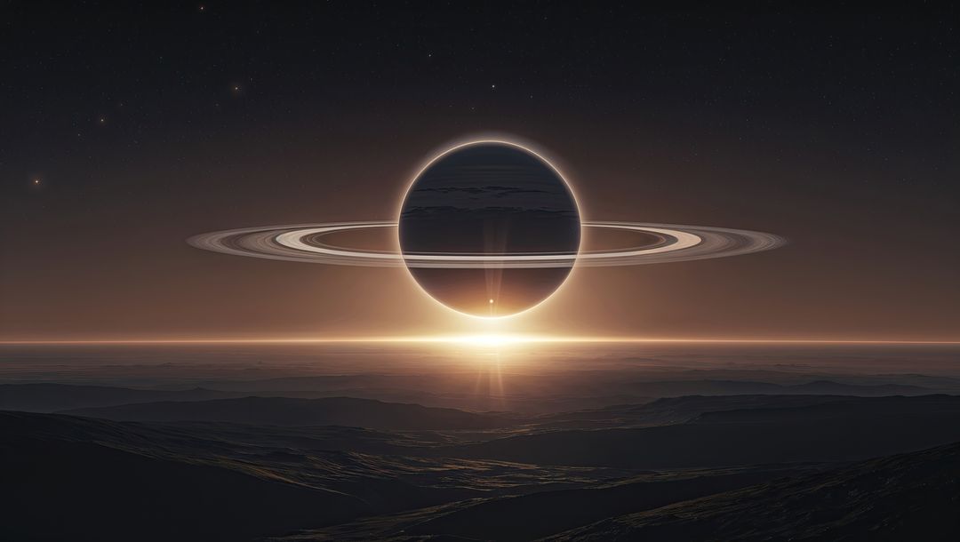 Rising Ringed Planet Casting Golden Glow on Alien Surface