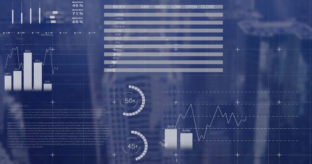 Infographic Interface over Cityscape with Financial Data and Statistics