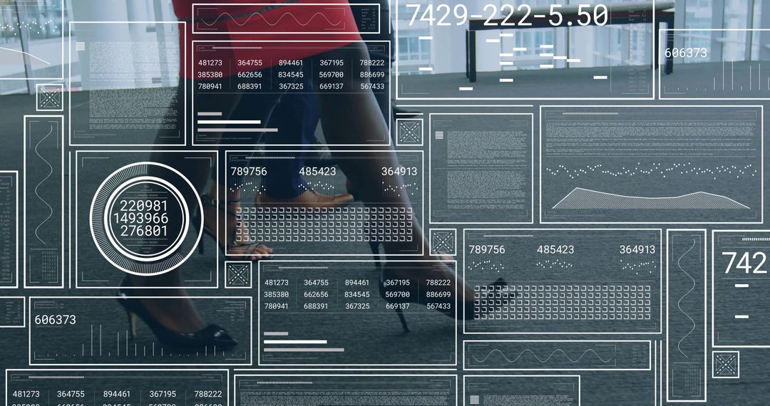 Businesswoman Walking Through Data-Driven Office Space