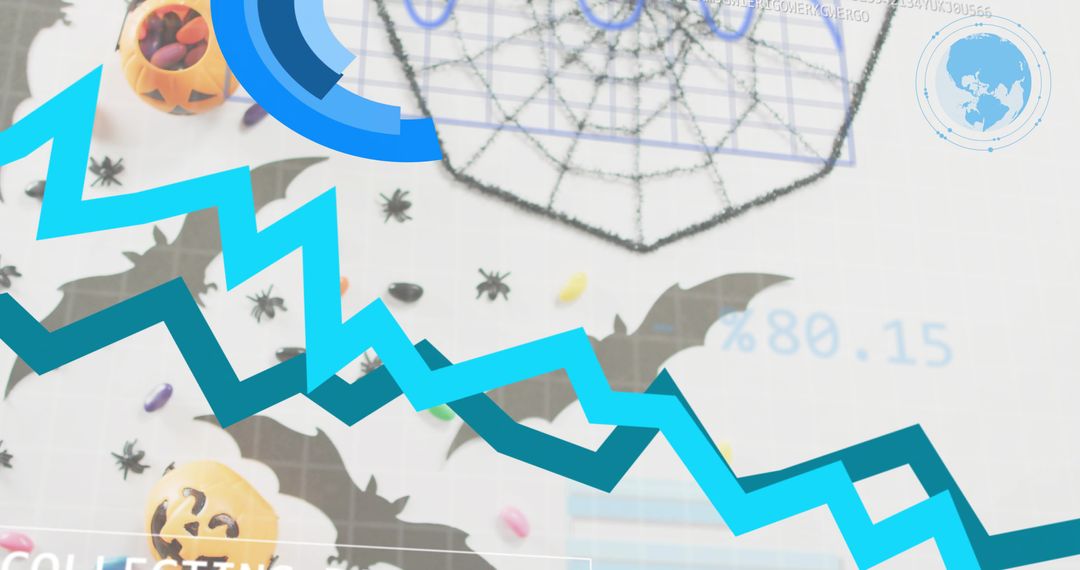 Blue-Teal Jagged Data Graph Overlaying Halloween Crafts, Candy, Bats on Grid Mat