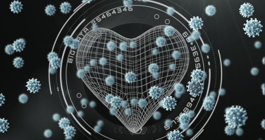 Virus Cells Floating Around Digital Heart Medical Data Visualization