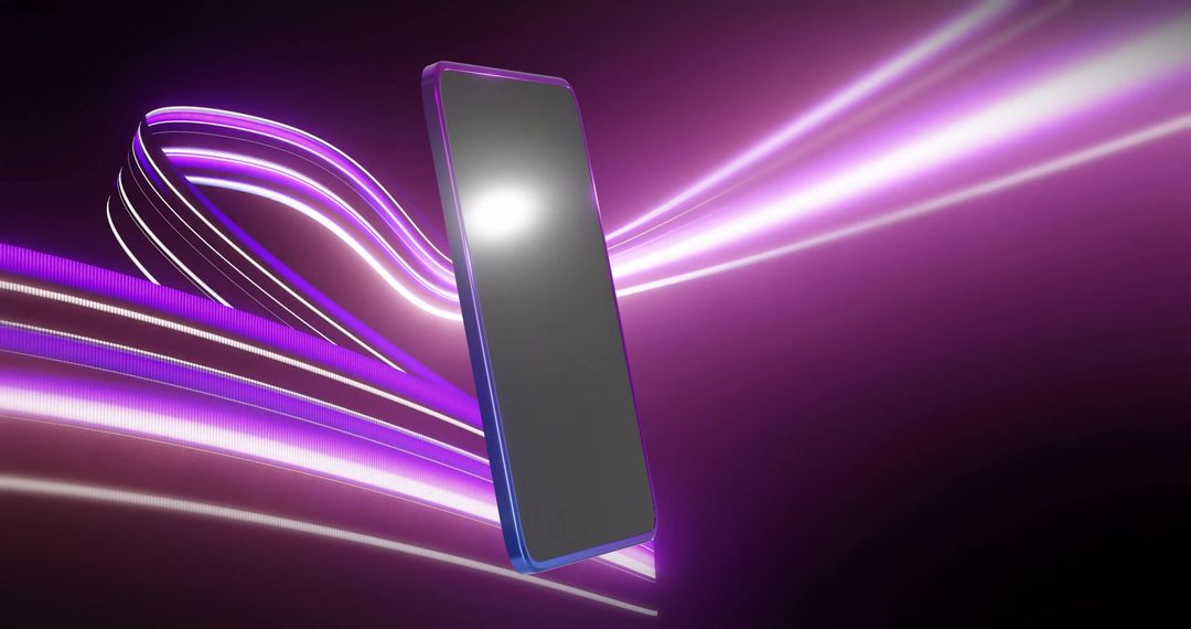 Futuristic Smartphone Display Over Purple Light Waves