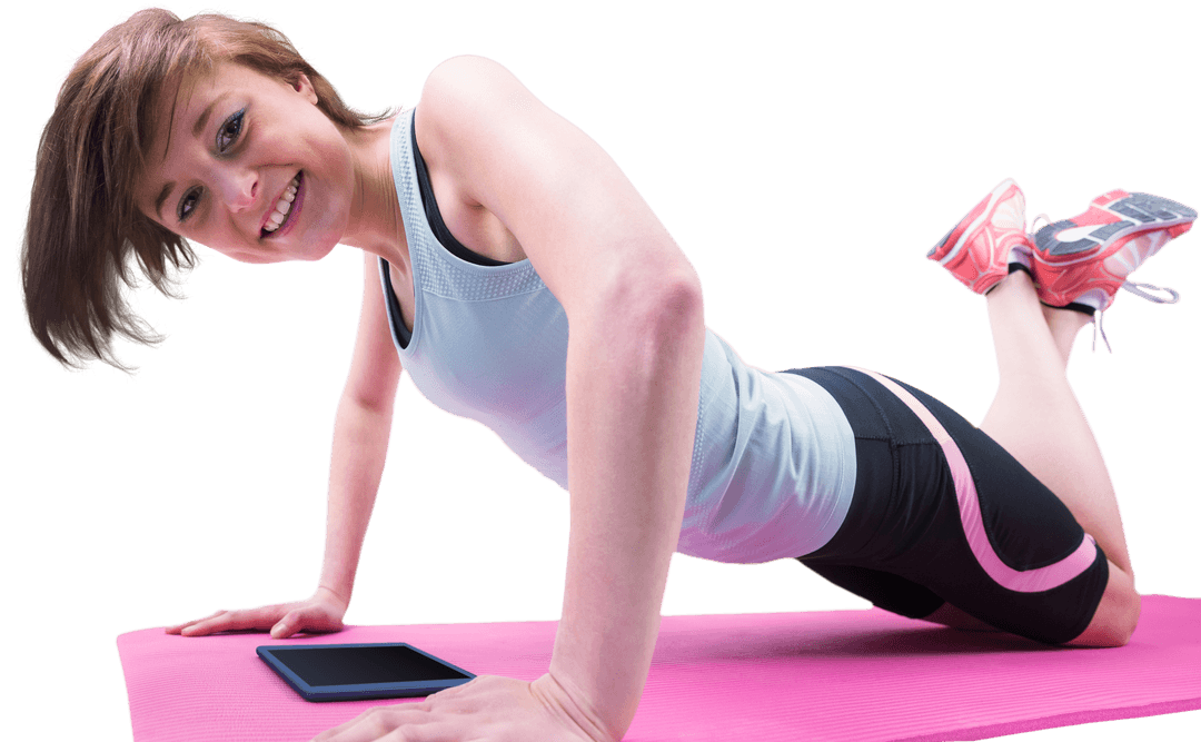 Transparent Fitness Enthusiast Smiling During Pushup Exercise