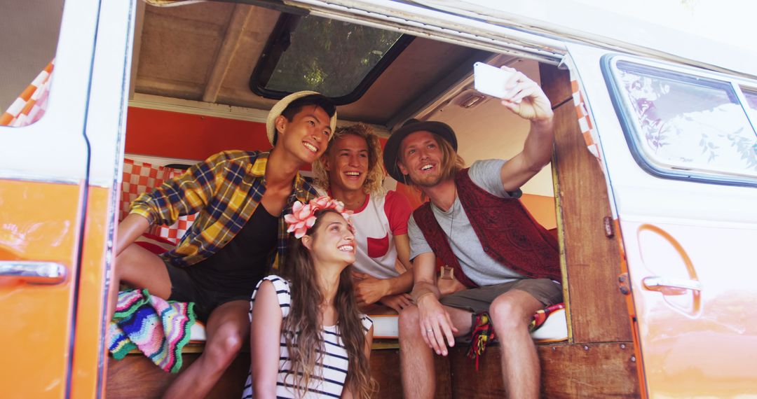 Group of Friends Taking Selfie in Vintage Camper Van During Road Trip - Free Images, Stock Photos and Pictures on Pikwizard.com