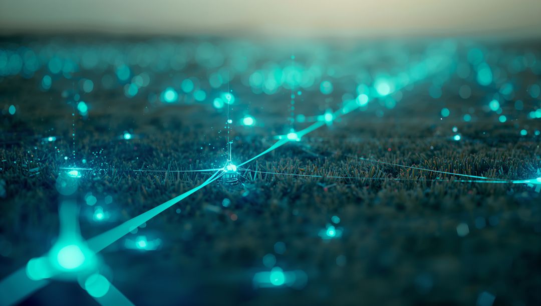 Futuristic Network of Glowing Nodes in High-Tech Landscape
