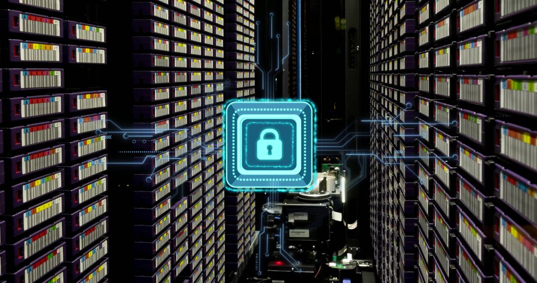 Cybersecurity Lock Overlaying Modern Server Room Concept