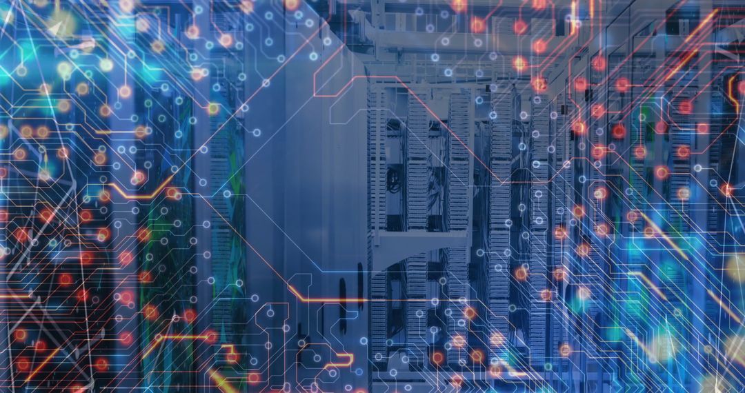 Network Connections Overlaying High-Tech Server Room