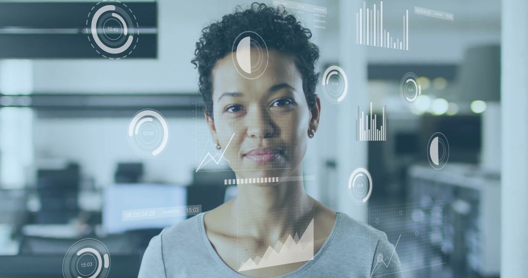 Confident Businesswoman with Data and Analytics Graphics