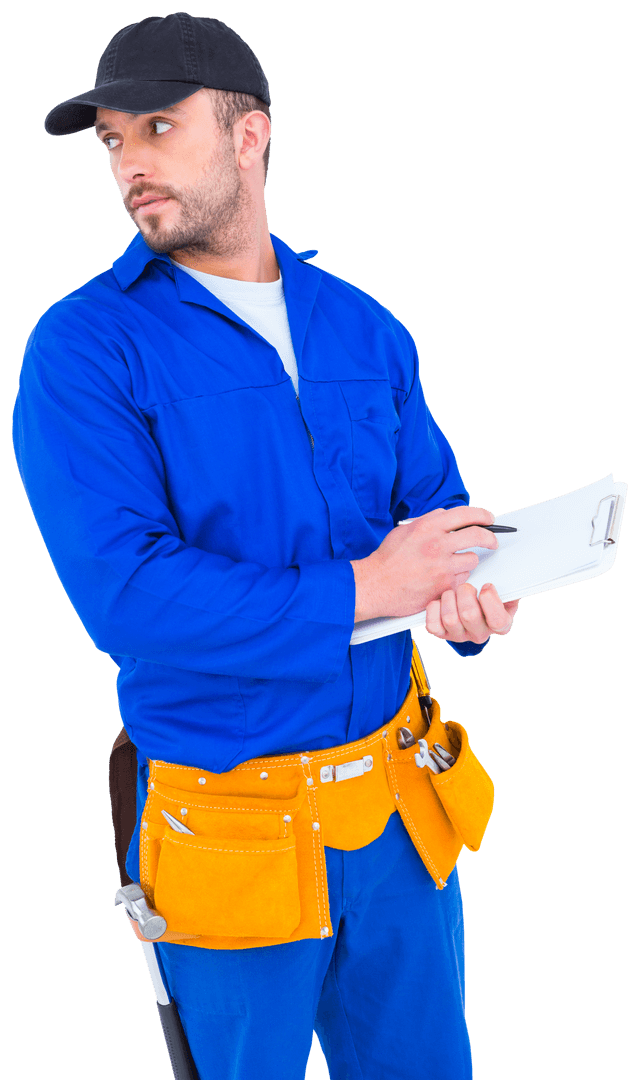 Transparent Busy Handyman in Blue Overalls Writing on Clipboard