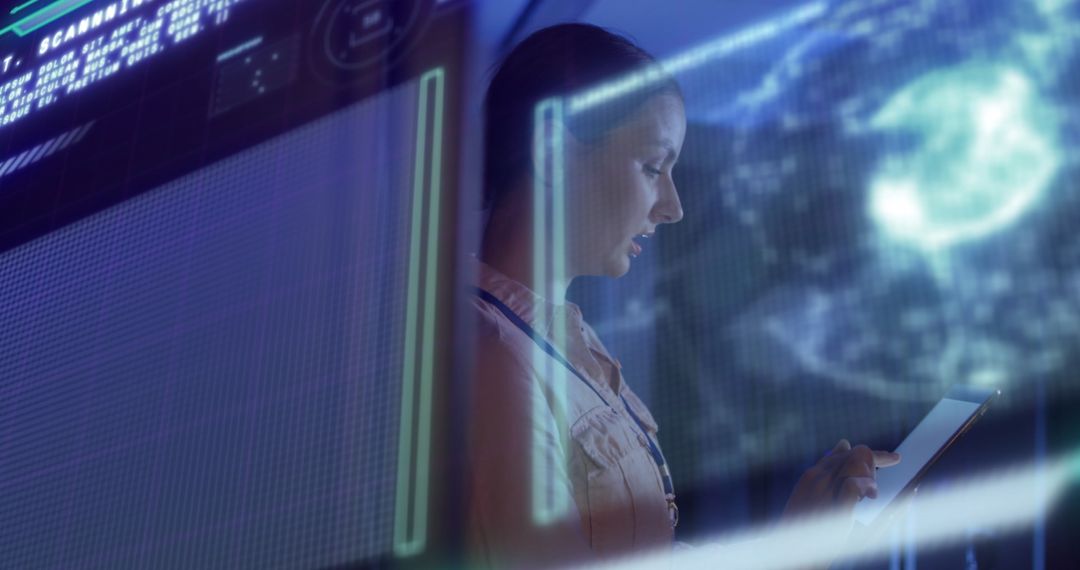 Female Engineer Analyzing Data in Futuristic Server Room