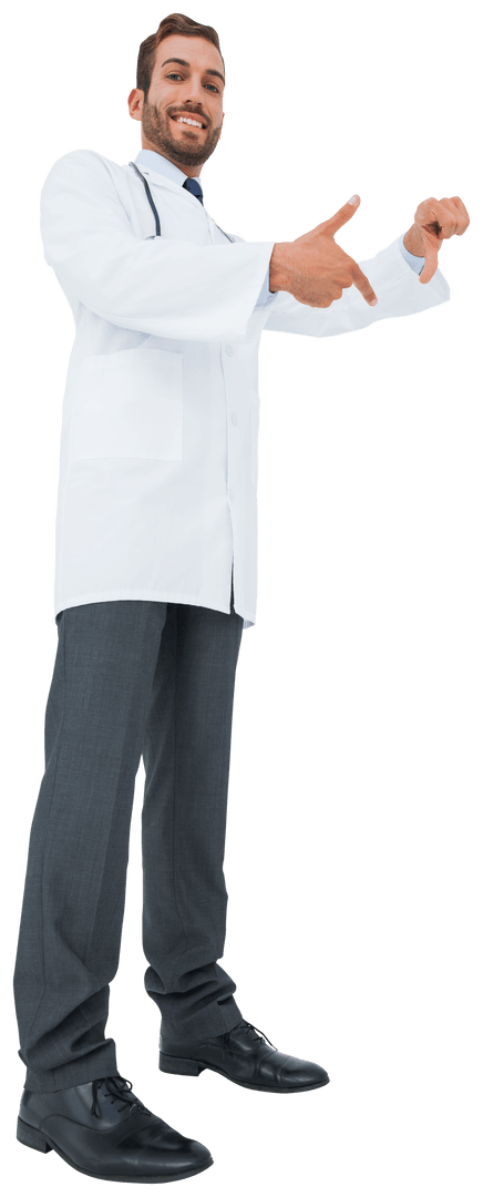 Cheerful Male Doctor Pointing on Transparent Background