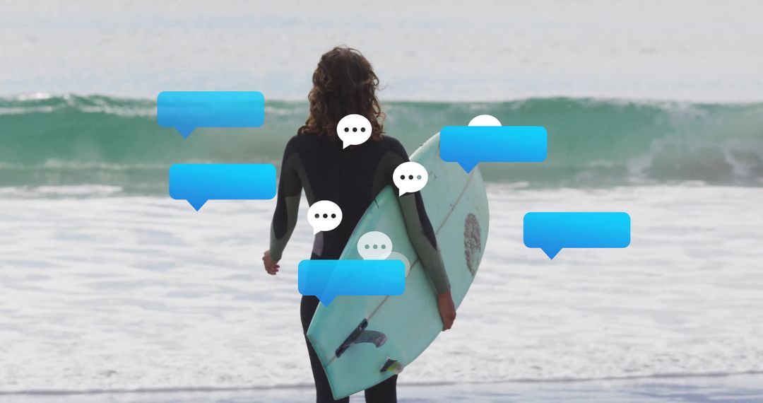 Surfer with Surfboard Surrounded by Chat Bubbles Facing Ocean