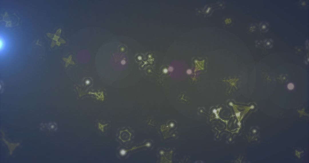 Glowing Geometric Particles Drifting Across Bluish-Gray Digital Network with Lens Flare