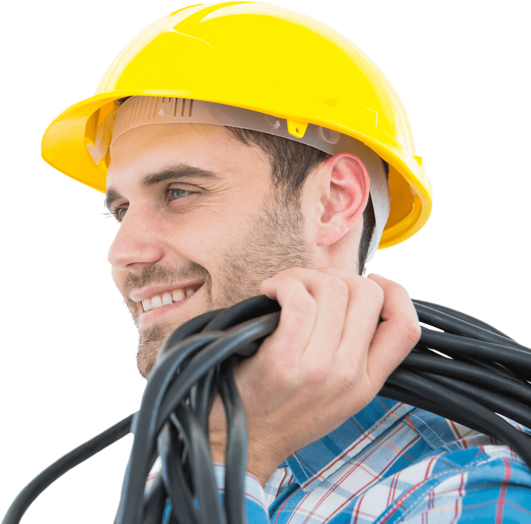 Happy Electrician with Yellow Helmet Carrying Wires Transparent Background