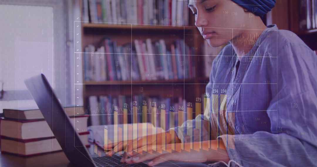 Female Student Engaged with Tech and Statistics Analysis