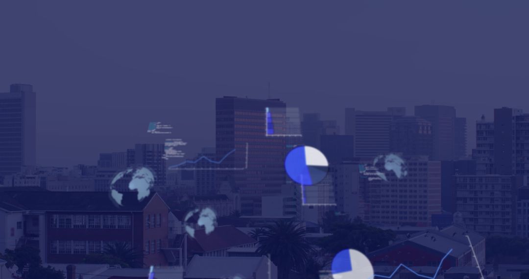 Abstract Digital Data Overlay on Urban Cityscape at Dusk