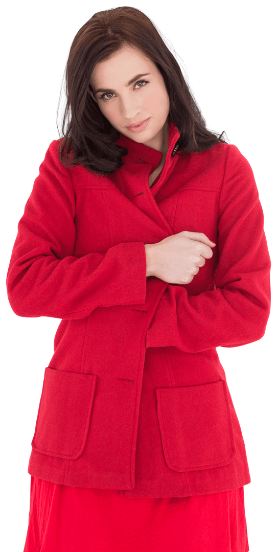 Transparent Woman in Red Coat Posing with Serenity
