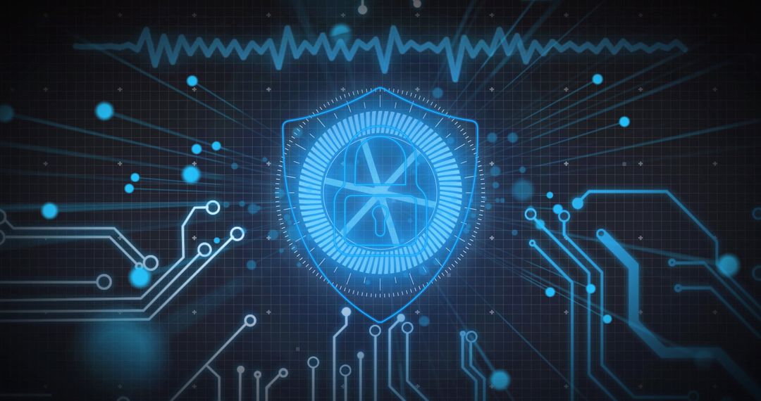 Futuristic Digital Shield with Propeller Symbol and Circuitry