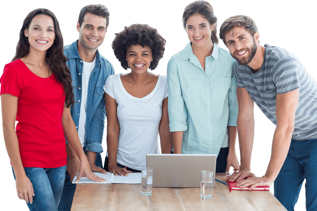 Group of Happy Young Colleagues Smiling in Transparent Office