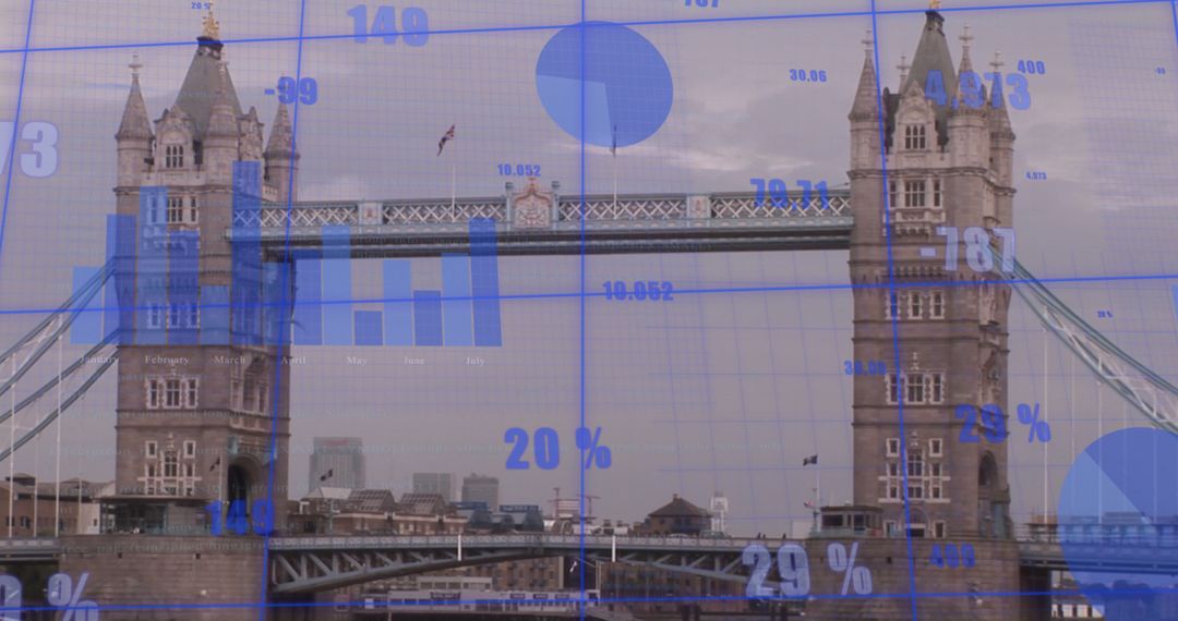 Financial Data Visuals Overlaying London Tower Bridge - Free Images, Stock Photos and Pictures on Pikwizard.com