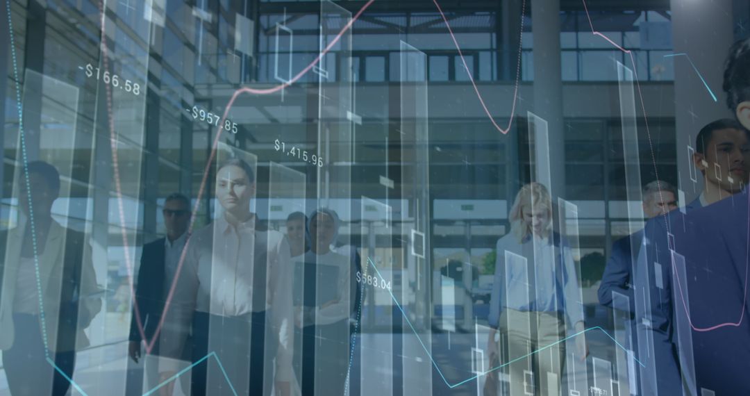 Business Team Walking with Overlay of Financial Graphs