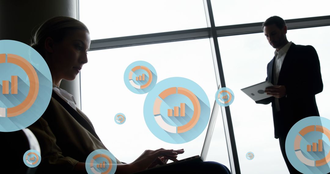 Business Professionals Analyzing Data with Global Icons in Modern Office