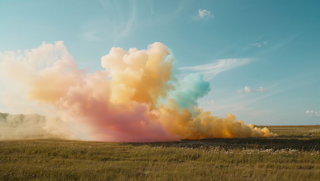 Pastel Smoke Cloud Over Wildflower Field in Tranquil Landscape