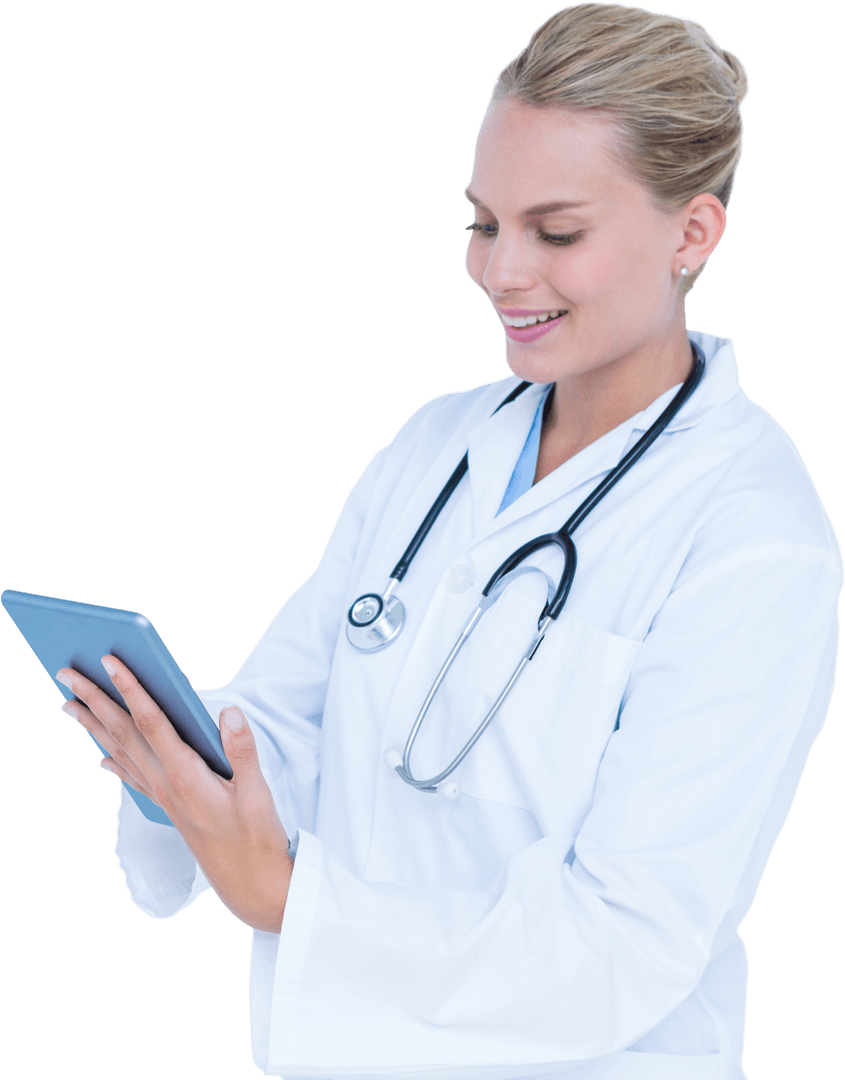 Transparent Female Doctor Using Tablet with Stethoscope