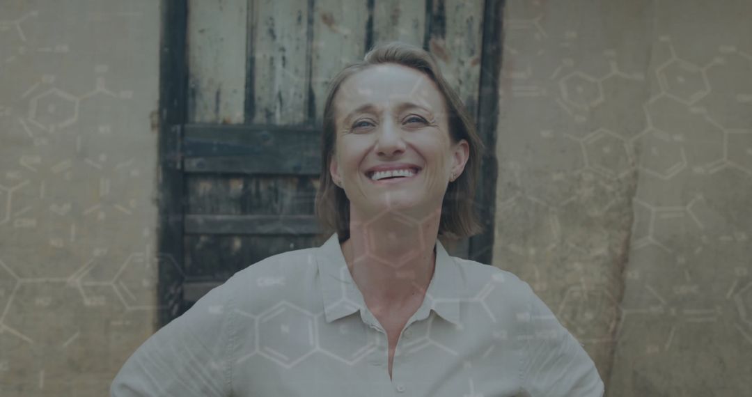 Smiling Woman Posing with Chemical Formulas Overlay Outdoors